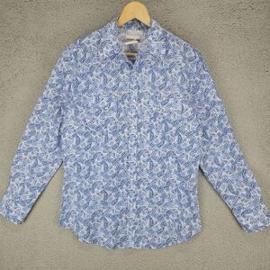 Wrangler Wrancher Pearl Snap Shirt Mens Medium Blue Paisley Long Sleeve Western